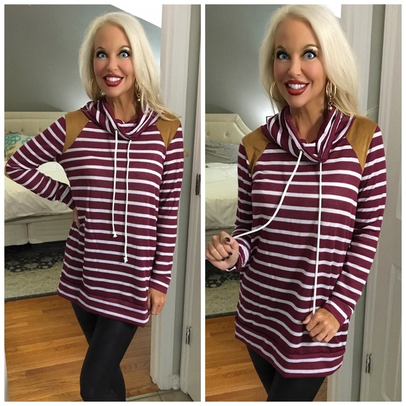 ❤️LAST 1!! Wine Striped Cowl Neck Front Tie Tunic - Picture 3 of 7